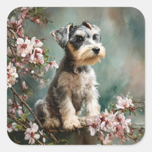 Schnauzer-valp bland vårens körsbärsblommor fyrkantigt klistermärke