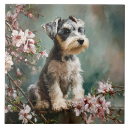 Schnauzer-valp bland vårens körsbärsblommor kakelplatta