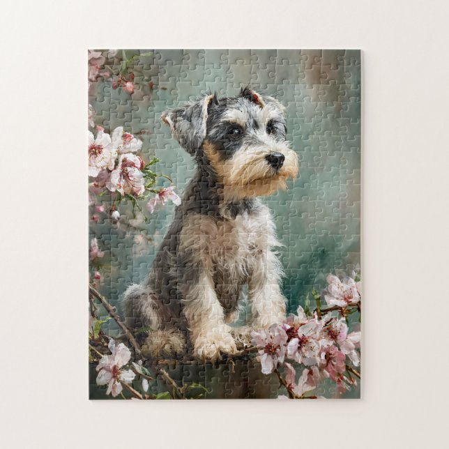 Schnauzer-valp bland vårens körsbärsblommor pussel (Vertikal)