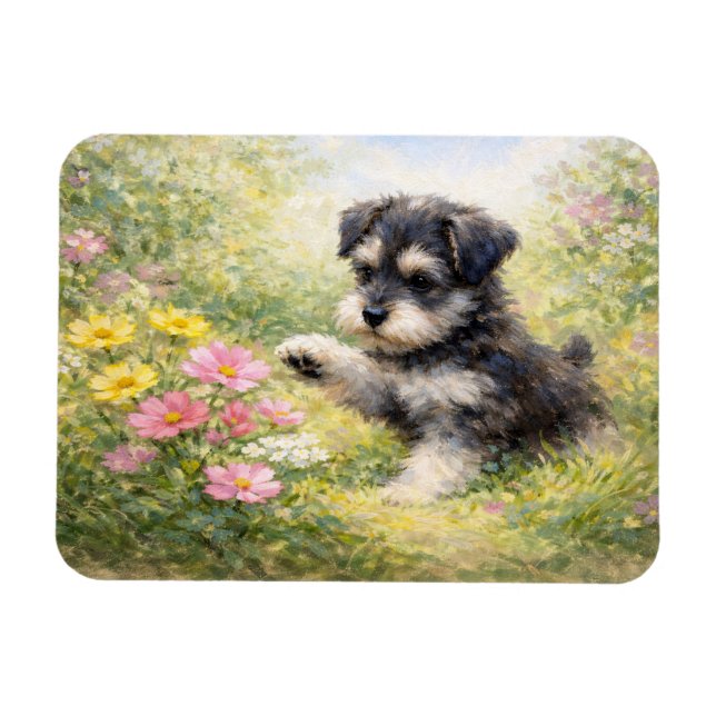 Schnauzer-valp Vårblommor Flexibel Magnet (Horisontell)