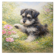 Schnauzer-valp vårblommor