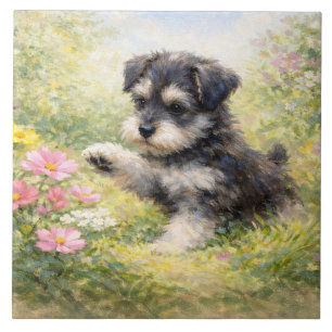 Schnauzer-valp vårblommor kakelplatta