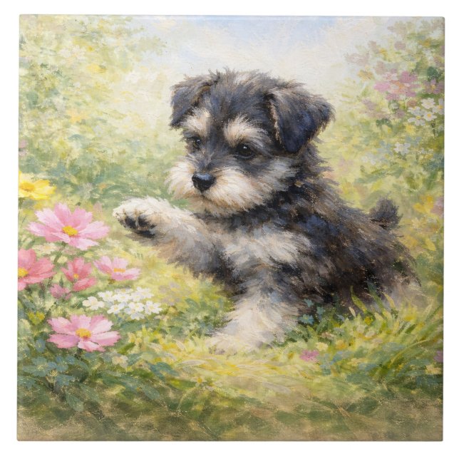 Schnauzer-valp vårblommor kakelplatta (Framsidan)