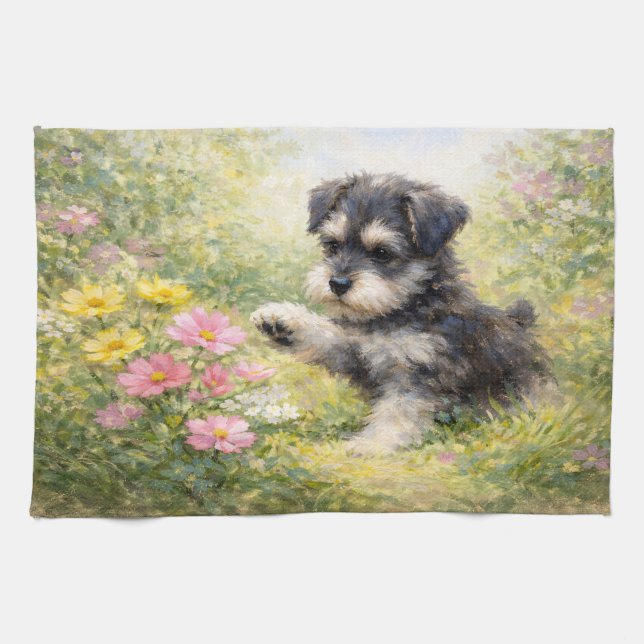 Schnauzer-valp vårblommor kökshandduk (Horisontell)