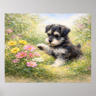 Schnauzer-valp Vårblommor Poster