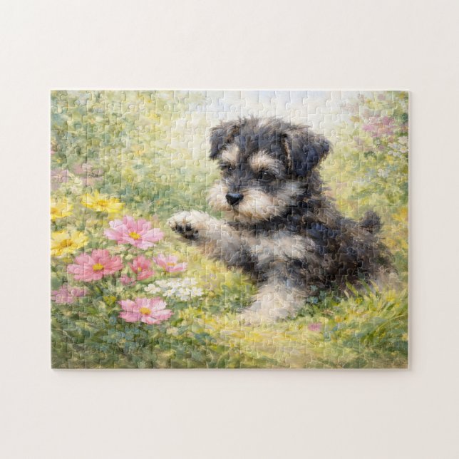 Schnauzer-valp vårblommor pussel (Horisontell)
