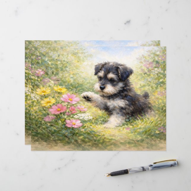 Schnauzer-valp Vårblommor Scrapbookpapper (Fram/Back In Situ)