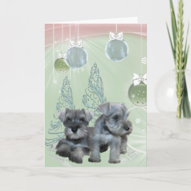 Schnauzer-valpar Rosa & Grönt Julkort Helgkort (Framsida)