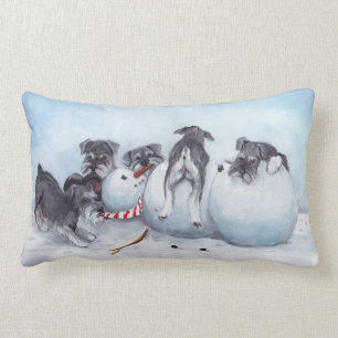 Schnauzer-Valper attackerar Snögubbe Hund Art Dek Lumbarkudde