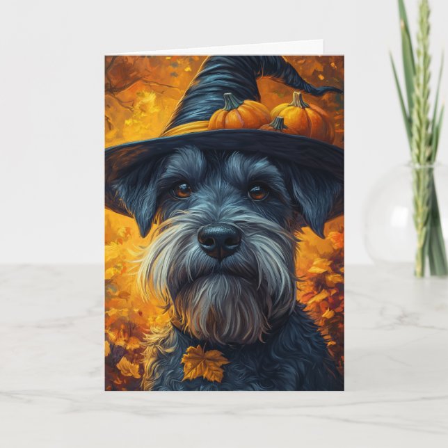 Schnauzer Witch Halloween Helgkort (Framsida)