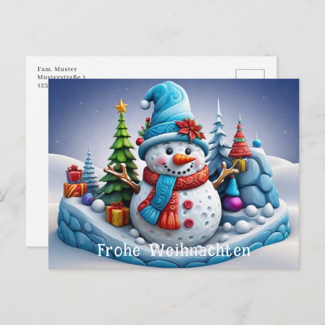 Schneemann in Winterlandschaft -  Vykort (Fram/baksida)
