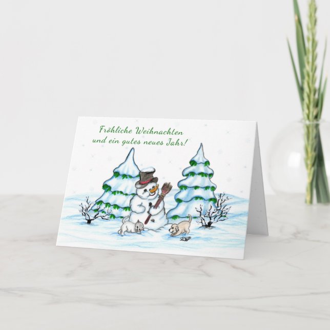 Schneemann mit Katze und Hundewelpe auf Deutsch Helgkort (Framsida)
