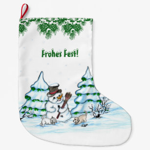 Schneemann mit Katze und Hundewelpe auf Deutsch Stor Julstrumpa
