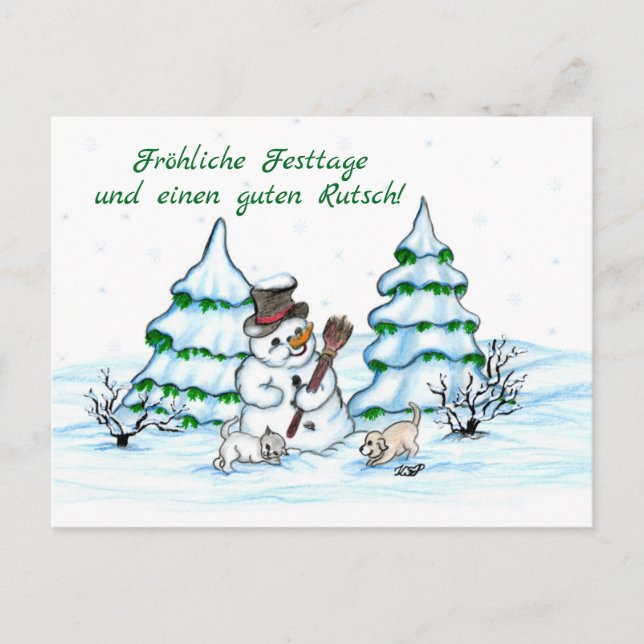 Schneemann mit Katze und Hundewelpe auf Deutsch Vykort (Framsida)