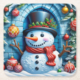 Schneemann mit Weihnachtsdeko -  Underlägg Papper Kvadrat