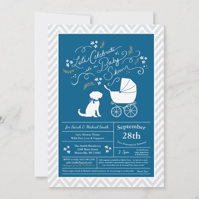 Schnoodle Hund Baby Shower Boy Blue Inbjudningar (Framsida)
