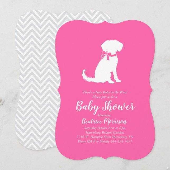Schnoodle hund baby shower flicka rosa inbjudningar (Fram/baksida)