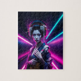 Schöne Geisha Puzzle mit Neon Hintergrund – Elegan Pussel