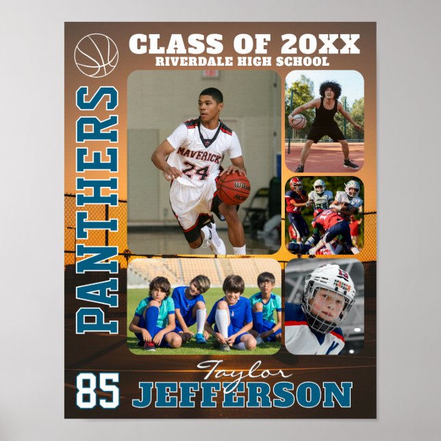 School Basketball Team Custom Name Photo Collage Poster (Framsidan)