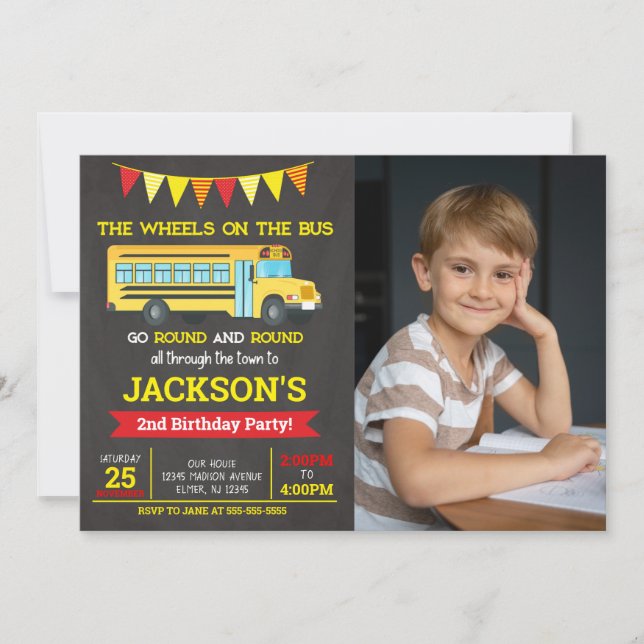 School Bus Birthday Photo Invitation Inbjudningar (Framsida)