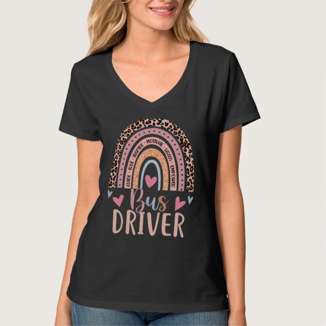 School Bus Driver Rainbow Leopard Print  Bus Drive T Shirt (Framsida)