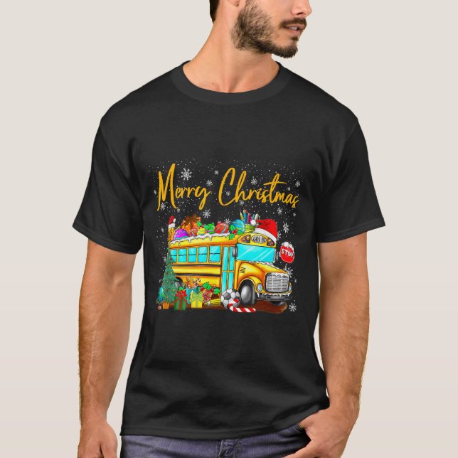School Bus Driver Santa Hat Merry Christmas Tree M T Shirt (Framsida)