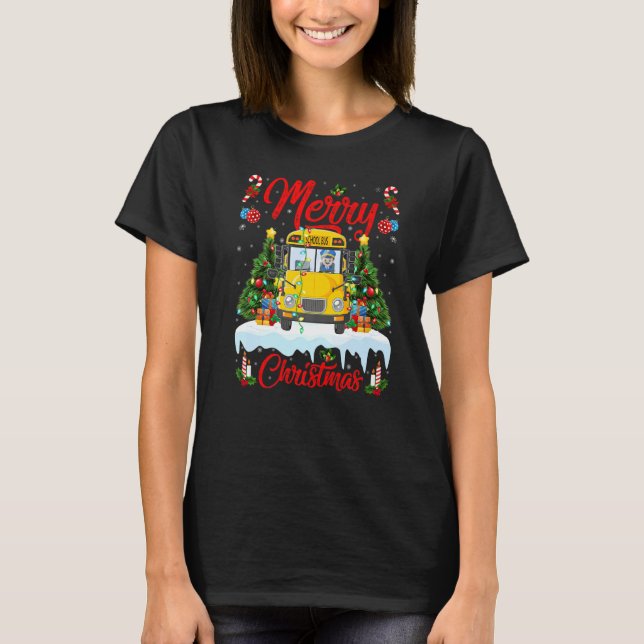 School Bus  Lights Xmas Tree Santa School Bus Chri T Shirt (Framsida)
