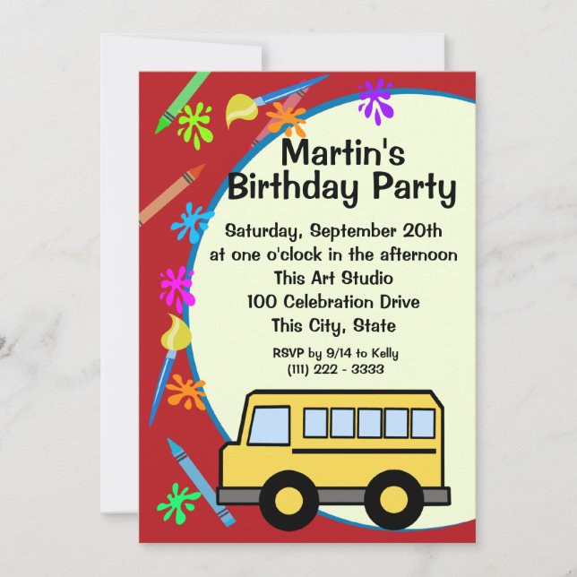 School Buss Art Birthday Inbjudningar (Framsida)