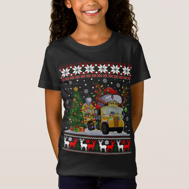 School Buss Driver Reindeer Santa Hat Ugly Christm T Shirt (Framsida)