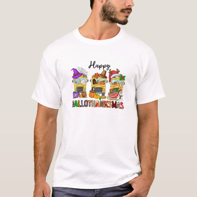 School Buss Hallothanksmas Halloween Thanksgiving  T Shirt (Framsida)