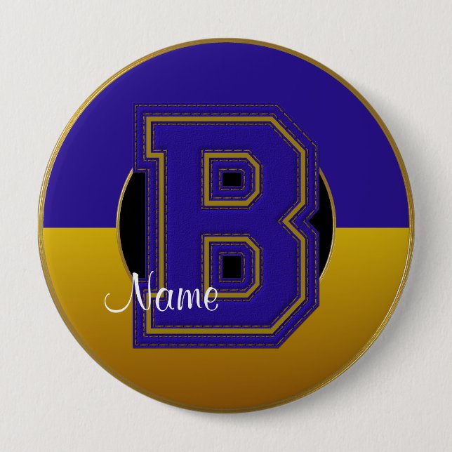 School Monogrammed Button, Blue-Guld Brev B Knapp (Framsida)