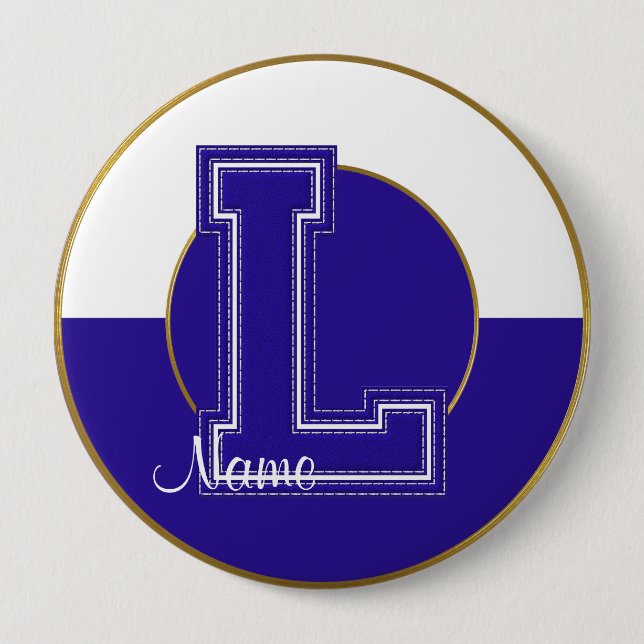School Monogrammed Button, Blue-White Brev L Knapp (Framsida)