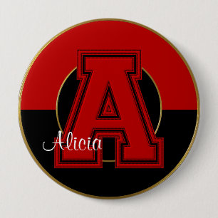 School Monogrammed Button, Red-Black Brev A Knapp