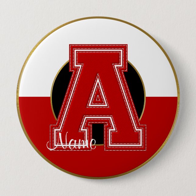 School Monogrammed Button, Red-White Brev A Knapp (Framsida)