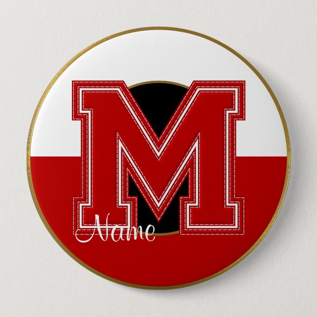 School Monogrammed Button, Red-White Brev M Knapp (Framsida)