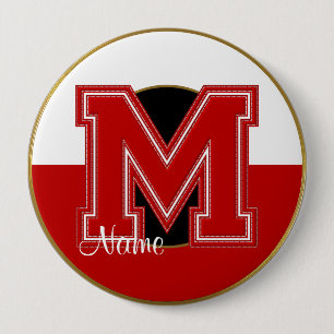 School Monogrammed Button, Red-White Brev M Knapp
