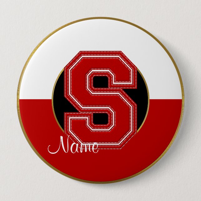 School Monogrammed Button, Red-White Brev S Knapp (Framsida)