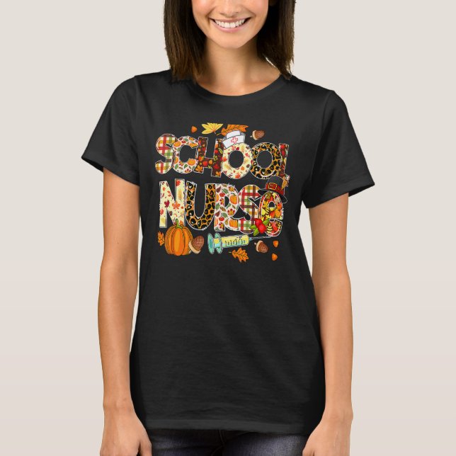 School Nurse Leopard Pilgrim Hat Fall Thanksgiving T Shirt (Framsida)