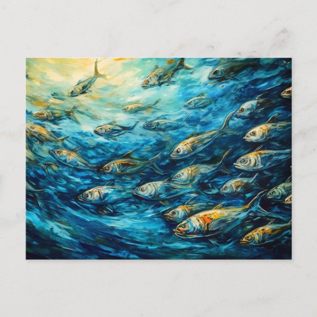 School of Fish in Expressive Ocean Painting Vykort (Framsida)