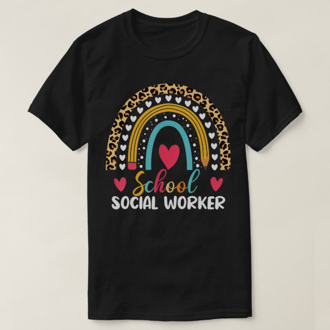 School Social Worker Boho Rainbow Leopard Mönster T Shirt (Design framsida)