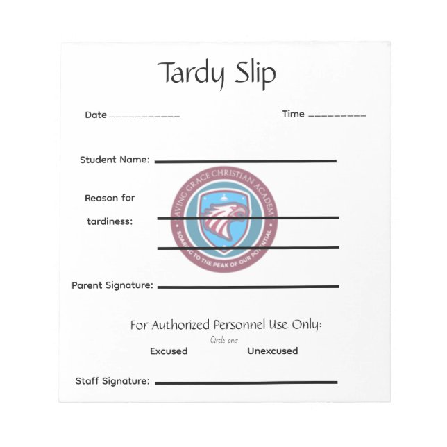 School Tardy Slip Anteckningsblock (Framsida)