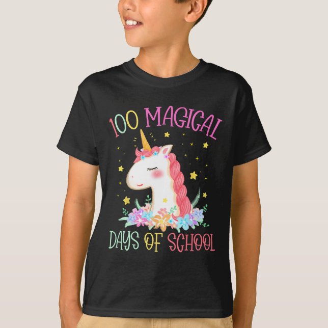 School Unicorn 100 Magic Days Girls Teach T Shirt (Framsida)