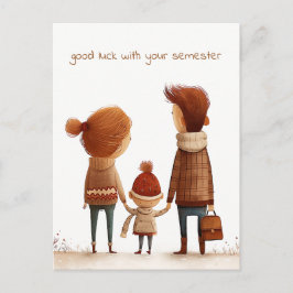 Schoolboy Holding Händer med Hans Mor och Far Vykort