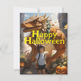 Schoolgirl och Dinosaur Halloween Friend Julkort