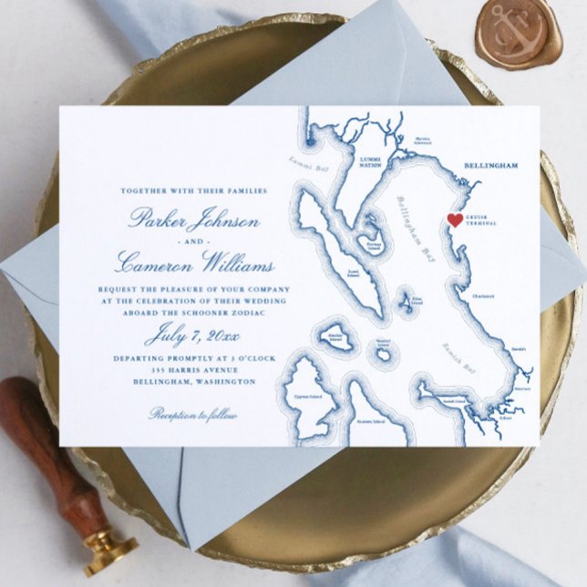 Schooner Zodiac Bellingham Bay WA Karta Bröllop Inbjudningar (Elegant Bellingham Washington Schooner Zodiac Wedding Invitation in navy blue by Coastal Map Designs)
