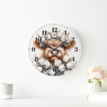 Schottische Highland-Kuh mit weißen Tulpen Wanduhr