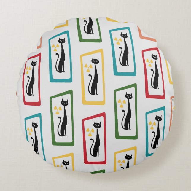 Schrödinger's Cat Mid Century Modern, flerfärgad Rund Kudde (Framsidan)