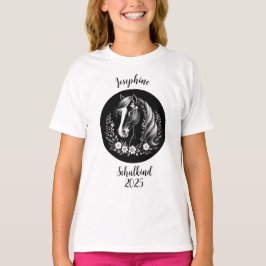 Schulkind 2026 - Pferd mit Blumen - schwarz weiß | T Shirt