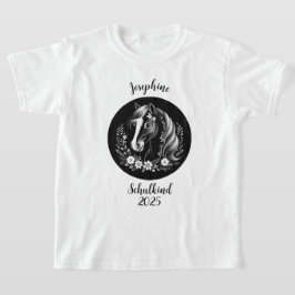 Schulkind 2026 - Pferd mit Blumen - schwarz weiß | T Shirt