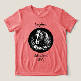 Schulkind 2026 - Pferd mit Blumen - schwarz weiß | T Shirt
